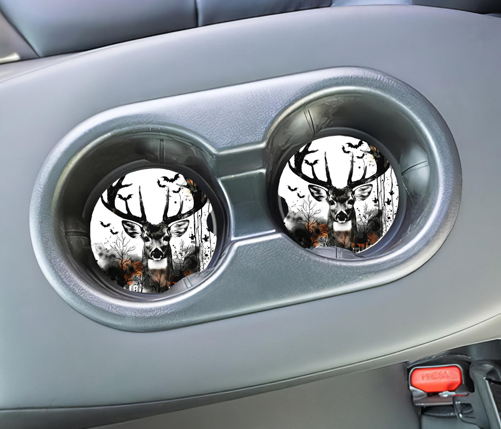 Spooky Whitetail Deer Car Coasters | Gothic Hunting Truck Accessories (2-Pack)