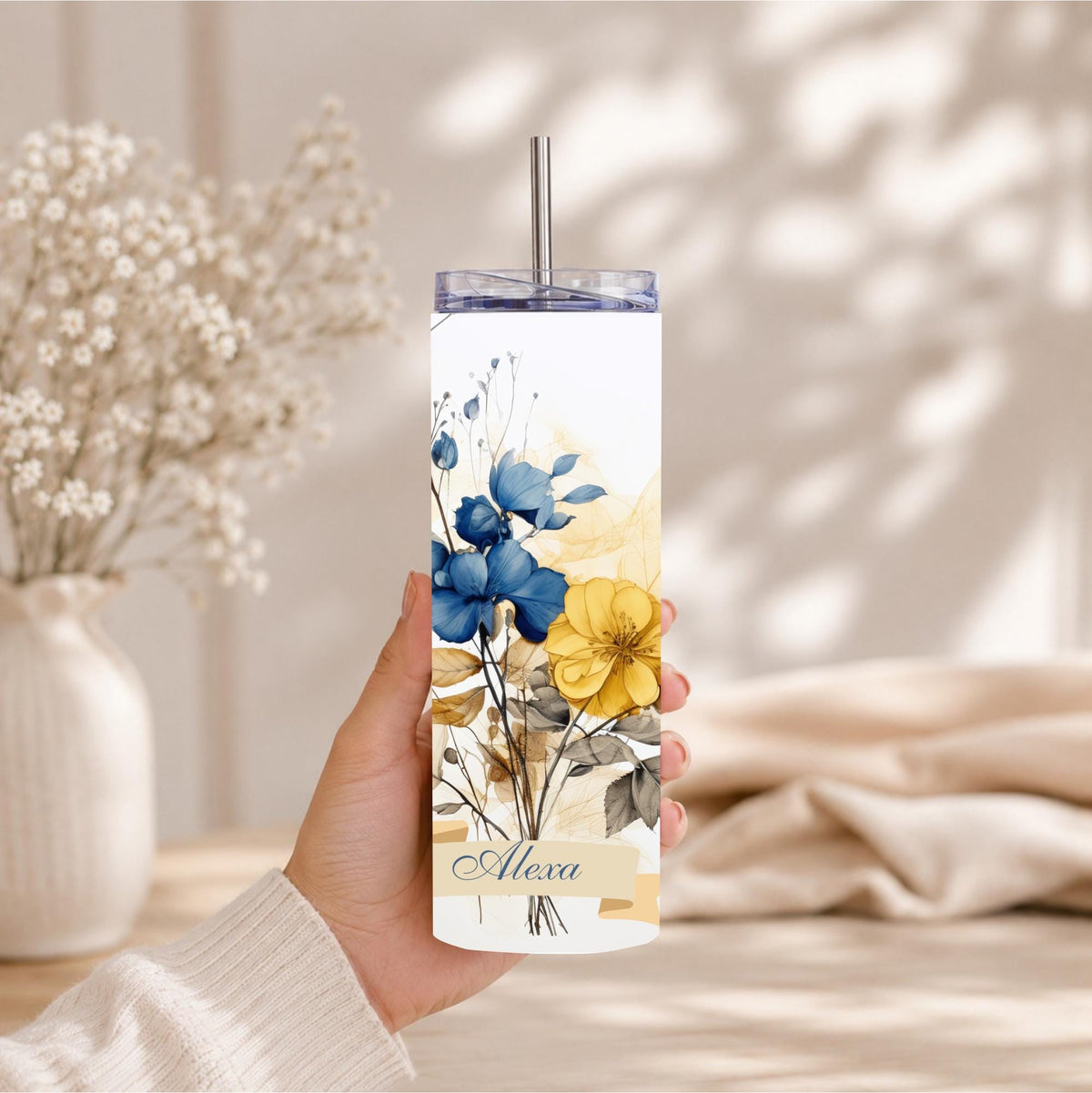 Personalized Bridesmaid Tumbler | Royal Blue Watercolor Flowers (20oz Skinny Mug)