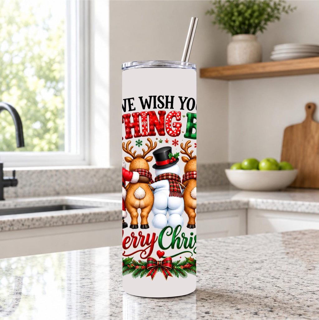 Funny Christmas 20oz Skinny Tumbler Quirky Santa and Reindeer White Elephant Gift
