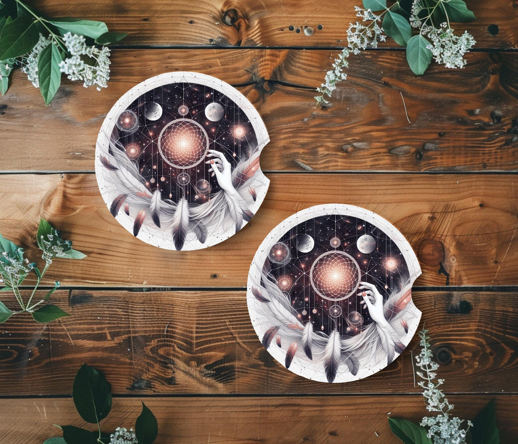 Celestial Dreamcatcher Car Coasters | Gothic Moon Phase Neoprene Mats (2-Pack)