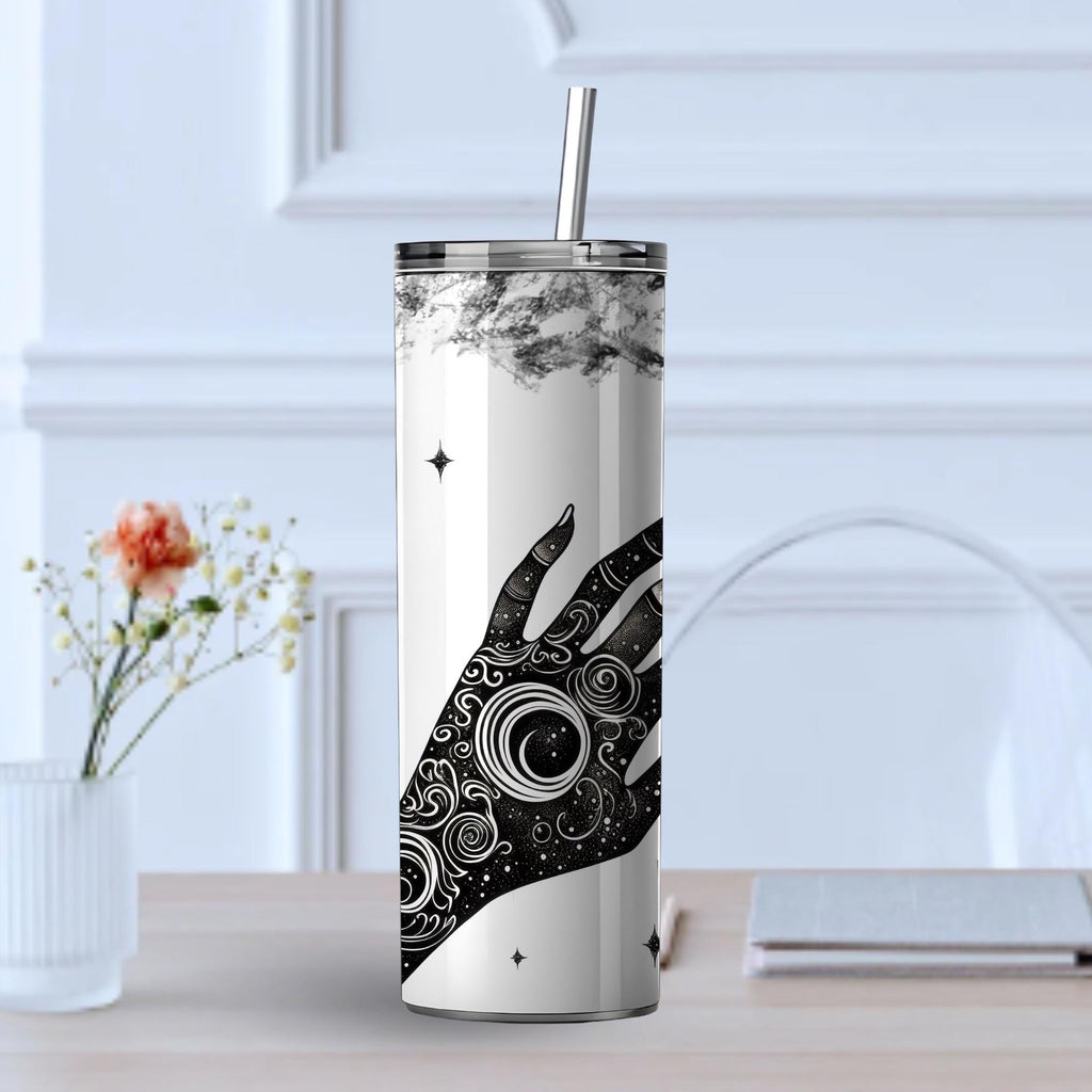 Witchcore Celestial Hand Tumbler | 20oz Skinny Travel Mug (Black & White Line Art)