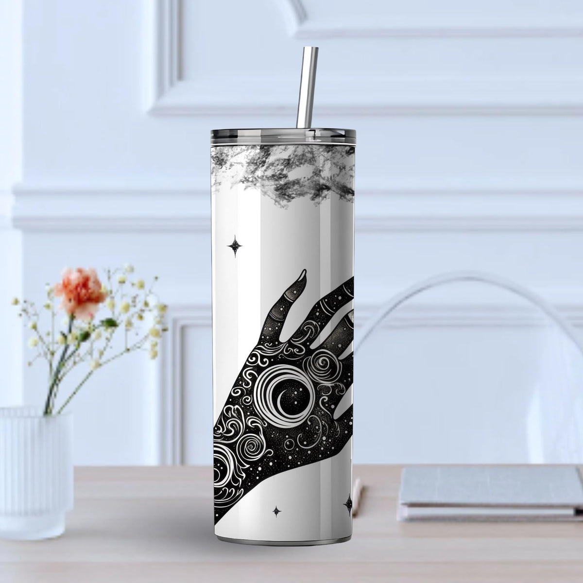 Witchcore Celestial Hand Tumbler | 20oz Skinny Travel Mug (Black & White Line Art)