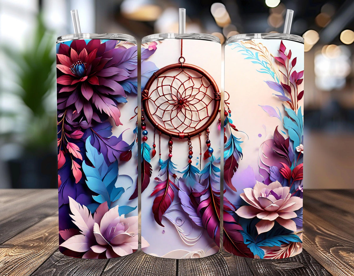 3D Dreamcatcher Floral Tumbler | Purple Teal Boho Travel Mug (20oz)
