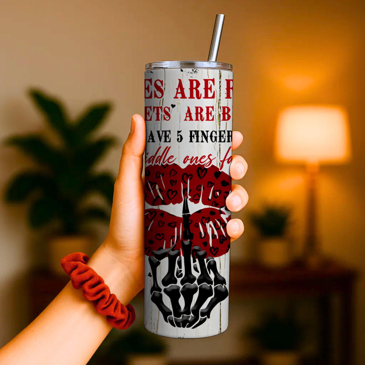Sarcastic Roses Are Red 20oz Skinny Tumbler | Edgy Skeleton Lips Travel Mug