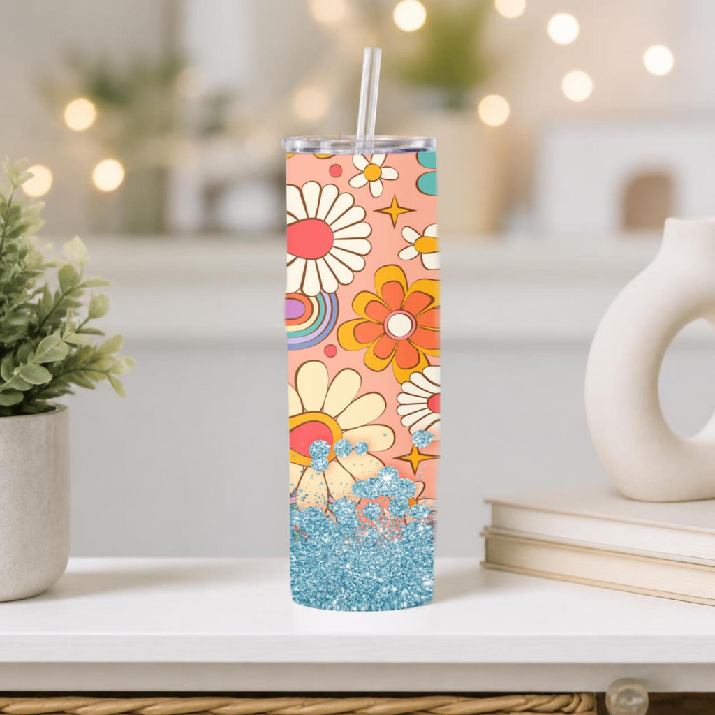 Retro 70s Daisy Flower Power Tumbler | Rainbow Swirls, Teal Glitter (20oz)
