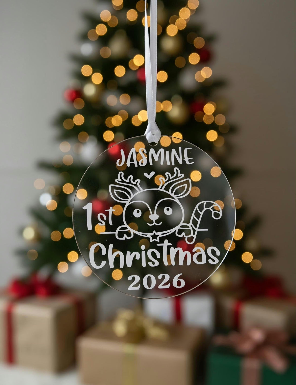 Personalized Baby First Christmas Ornament 2026 Custom Name Reindeer Clear Acrylic