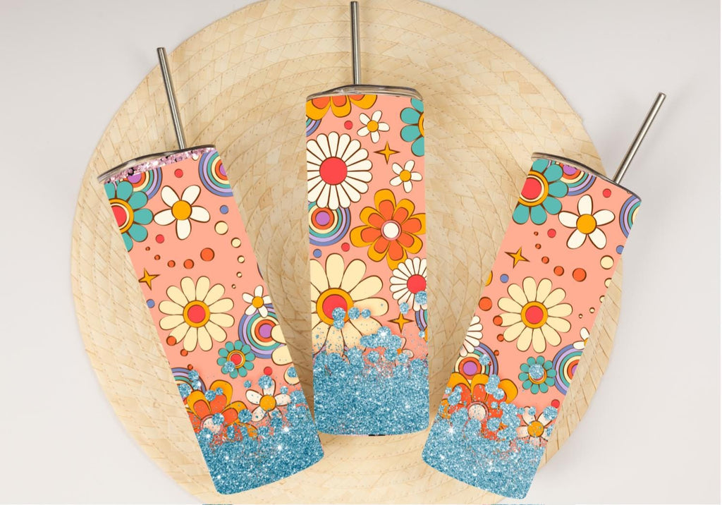 Retro 70s Daisy Flower Power Tumbler | Rainbow Swirls, Teal Glitter (20oz)