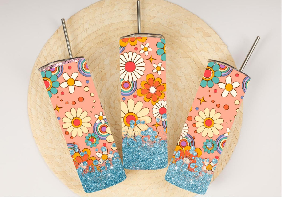 Retro 70s Daisy Flower Power Tumbler | Rainbow Swirls, Teal Glitter (20oz)