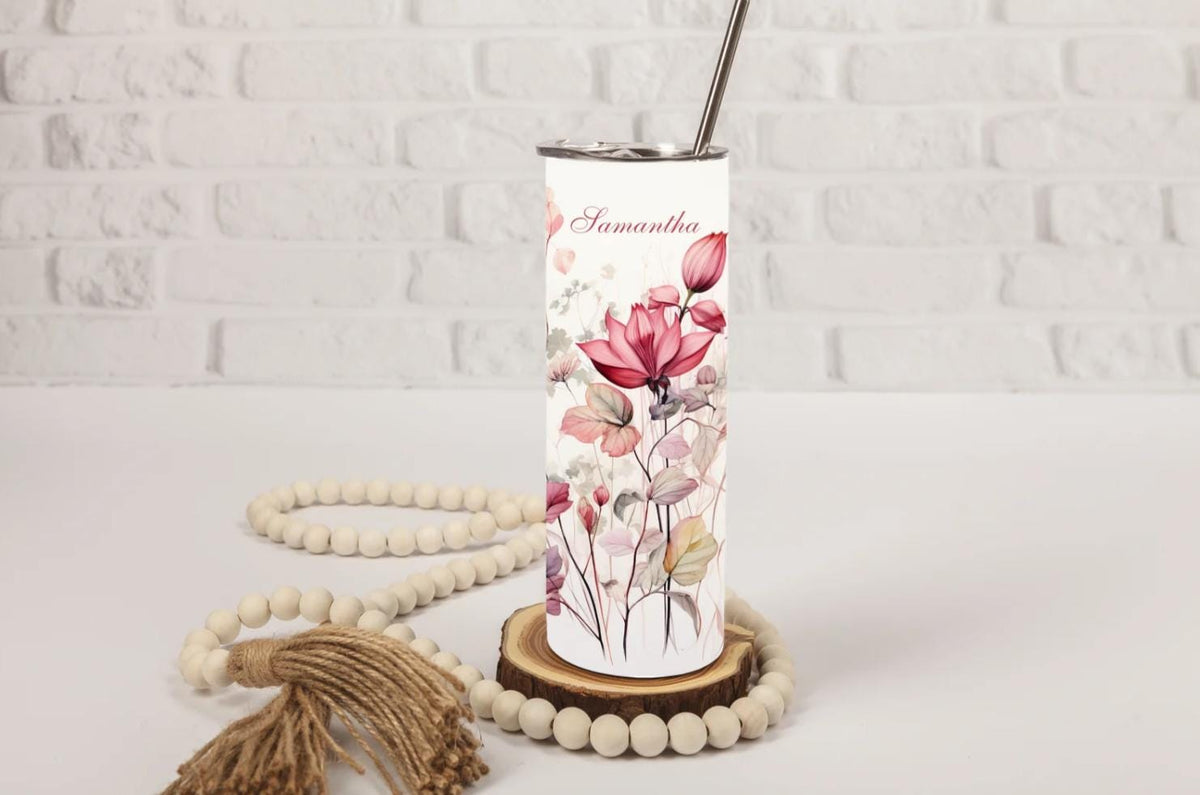 Personalized Wildflower Tumbler | Custom Name, 20oz Skinny Travel Mug (Dusty Pink Watercolor)
