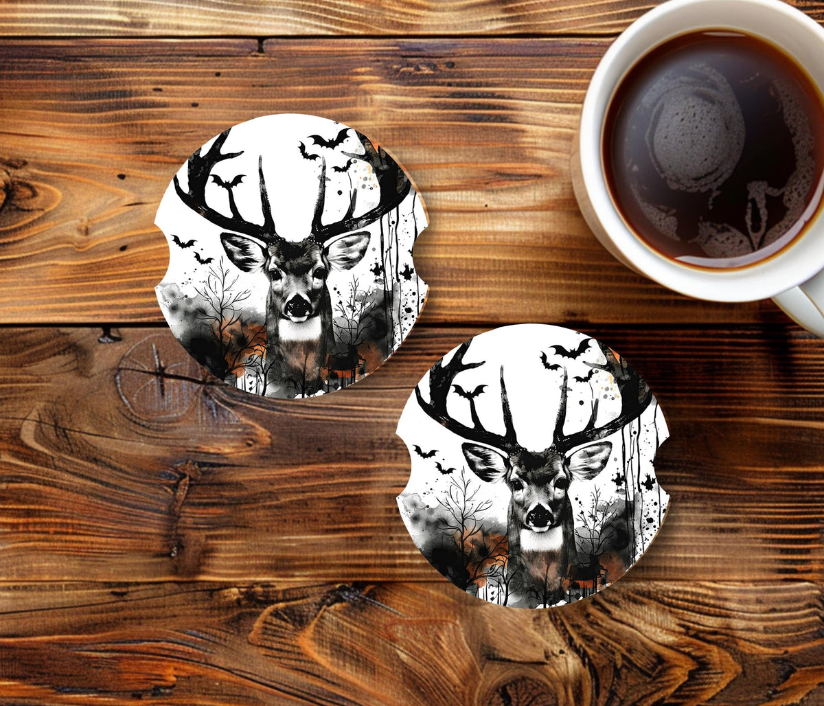 Spooky Whitetail Deer Car Coasters | Gothic Hunting Truck Accessories (2-Pack)