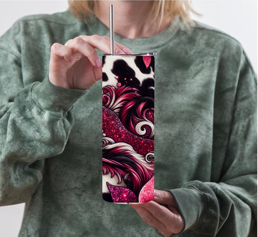 Magenta Glitter Floral Cow Print 20oz Skinny Tumbler