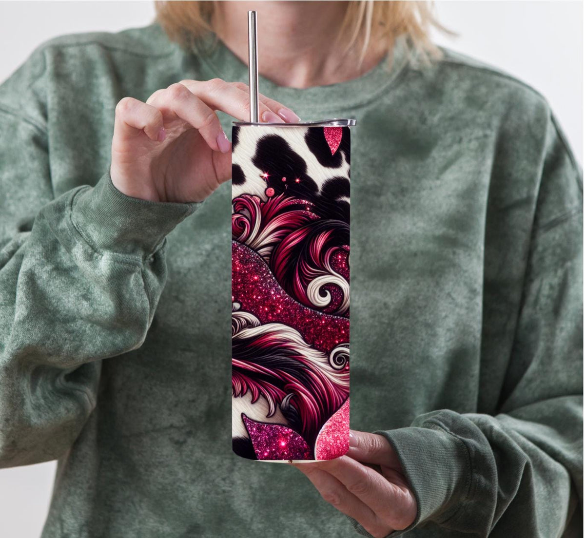 Magenta Glitter Floral Cow Print 20oz Skinny Tumbler