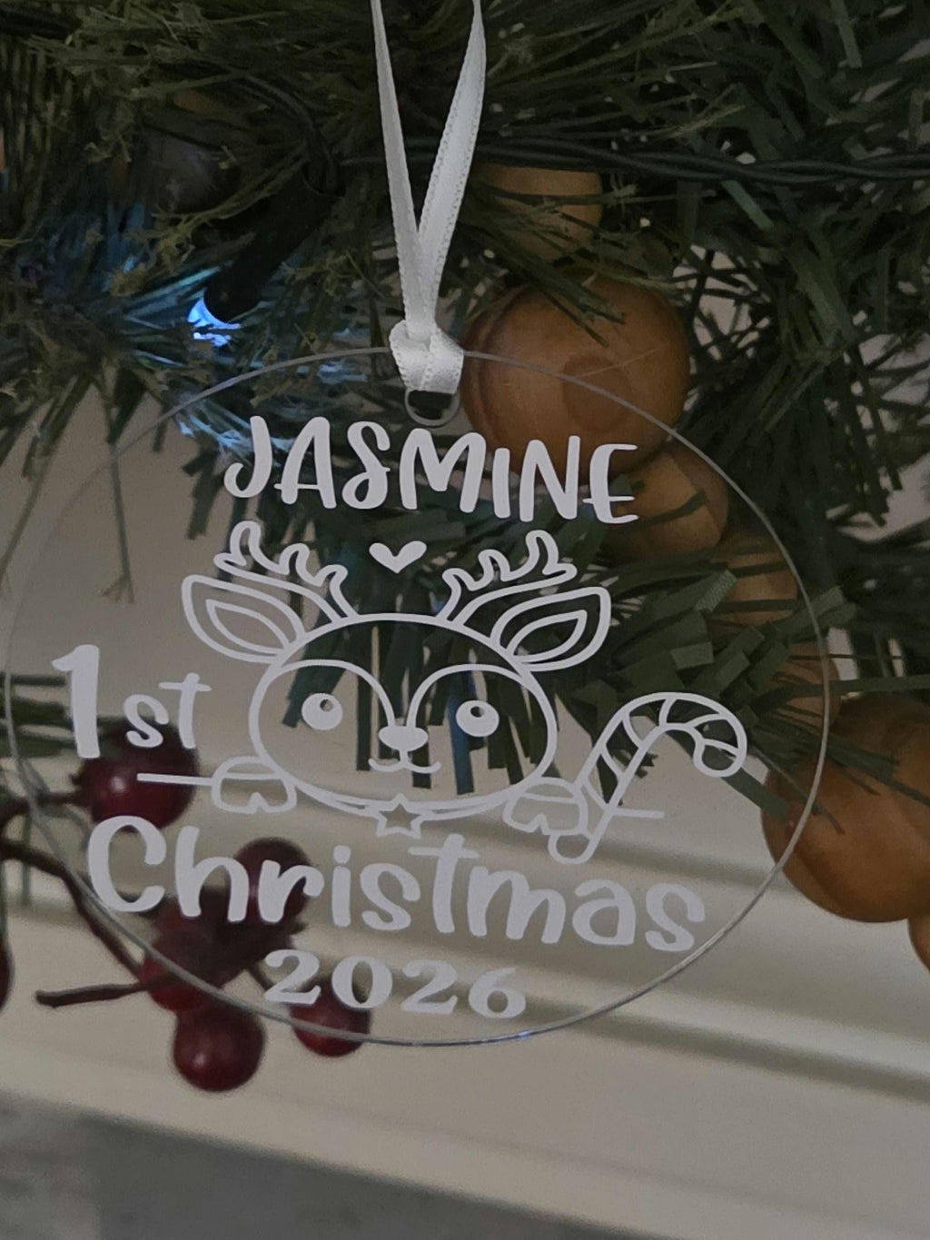 Personalized Baby First Christmas Ornament 2026 Custom Name Reindeer Clear Acrylic