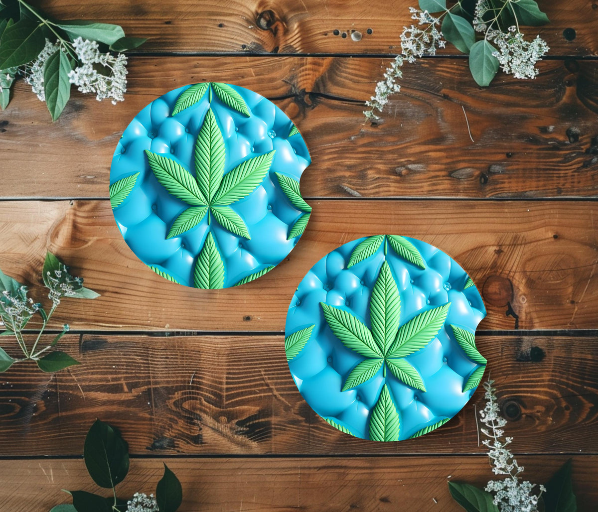3D Puff Cannabis Leaf Neoprene Car Coasters 2-Pack | Ready to Ship 3D Illusion Cup Holder Mats | Blue Tufted Stoner Vehicle Accessories Gift
