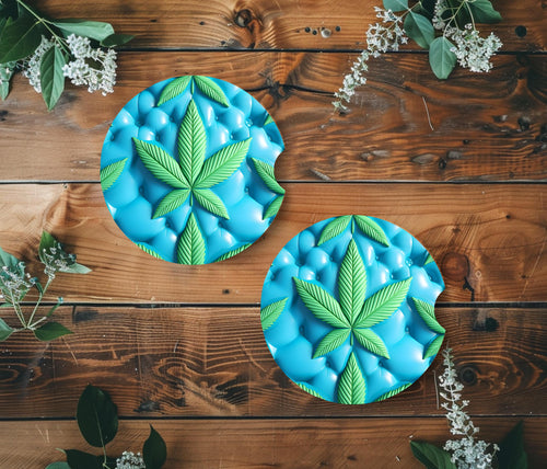 3D Puff Cannabis Leaf Neoprene Car Coasters 2-Pack | Ready to Ship 3D Illusion Cup Holder Mats | Blue Tufted Stoner Vehicle Accessories Gift