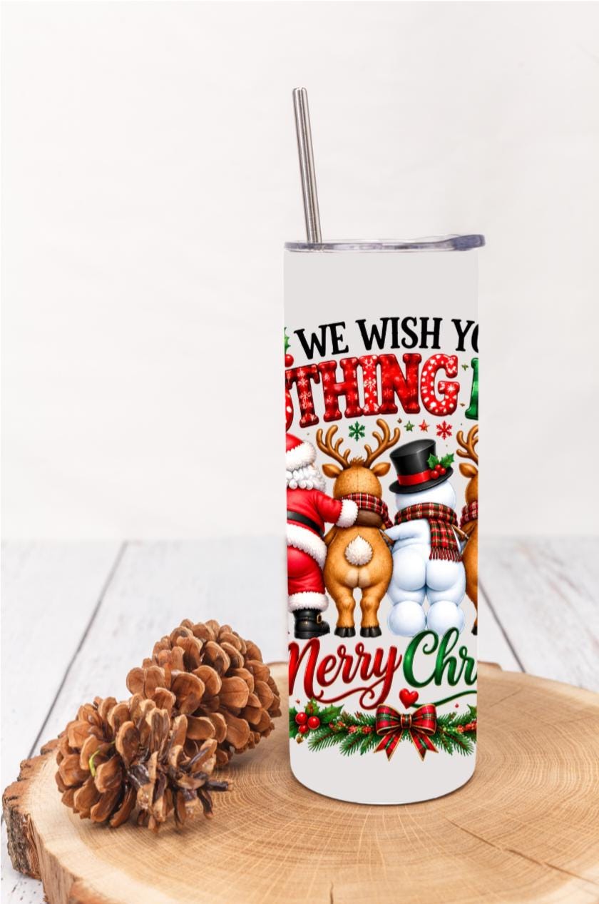 Funny Christmas 20oz Skinny Tumbler Quirky Santa and Reindeer White Elephant Gift