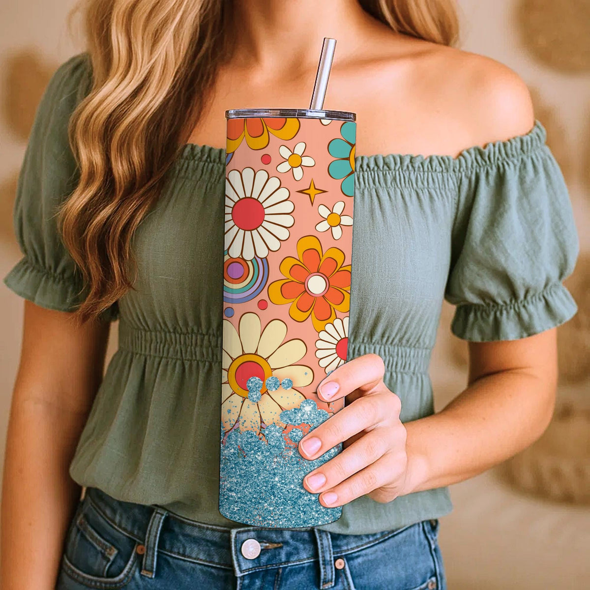 Retro 70s Daisy Flower Power Tumbler | Rainbow Swirls, Teal Glitter (20oz)