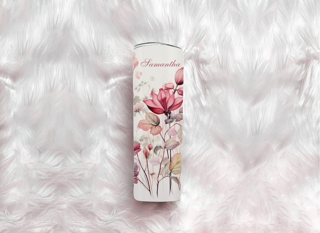 Personalized Wildflower Tumbler | Custom Name, 20oz Skinny Travel Mug (Dusty Pink Watercolor)