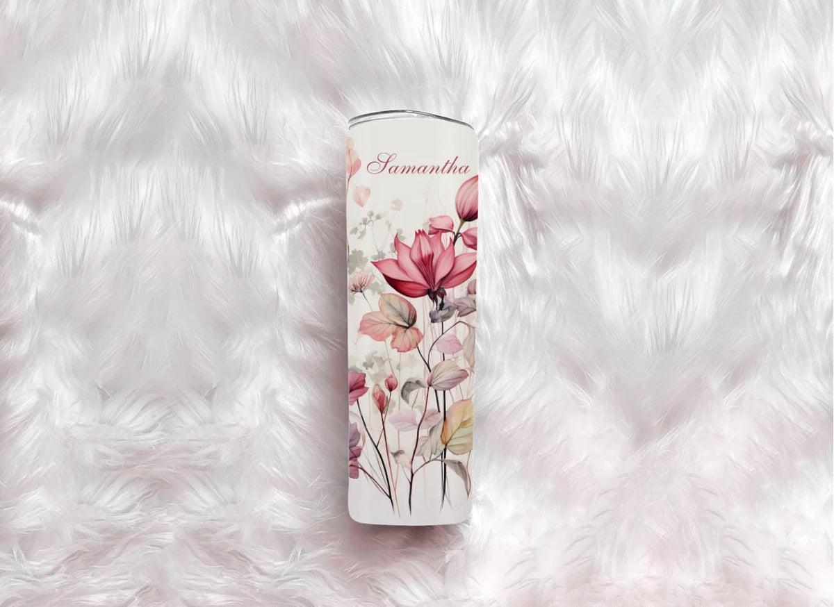 Personalized Wildflower Tumbler | Custom Name, 20oz Skinny Travel Mug (Dusty Pink Watercolor)