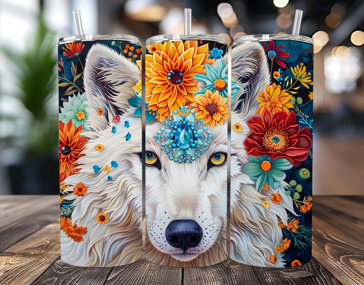 Arctic Wolf Sublimation Tumbler | Floral Design, 20oz Stainless Steel Insulated Cup