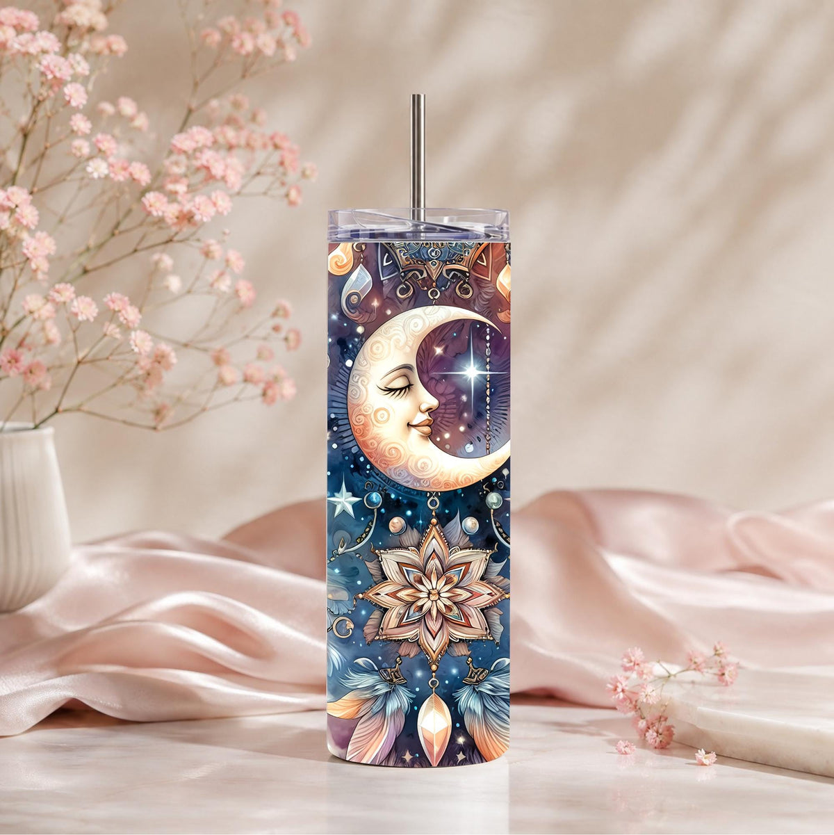 Celestial Moon Mandala Tumbler | 20oz Travel Mug, Boho Crystal Gift