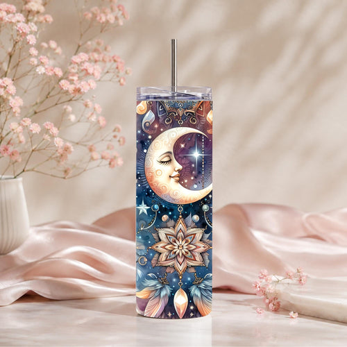 Celestial Moon Mandala Tumbler | 20oz Travel Mug, Boho Crystal Gift