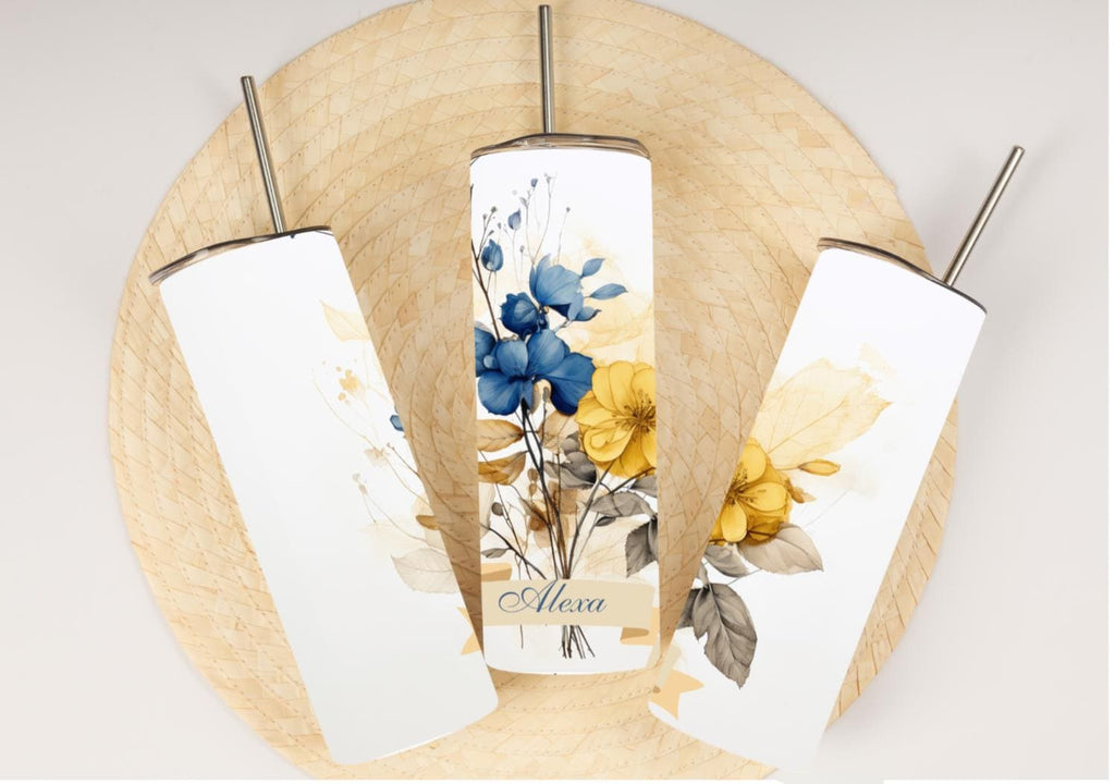 Personalized Bridesmaid Tumbler | Royal Blue Watercolor Flowers (20oz Skinny Mug)