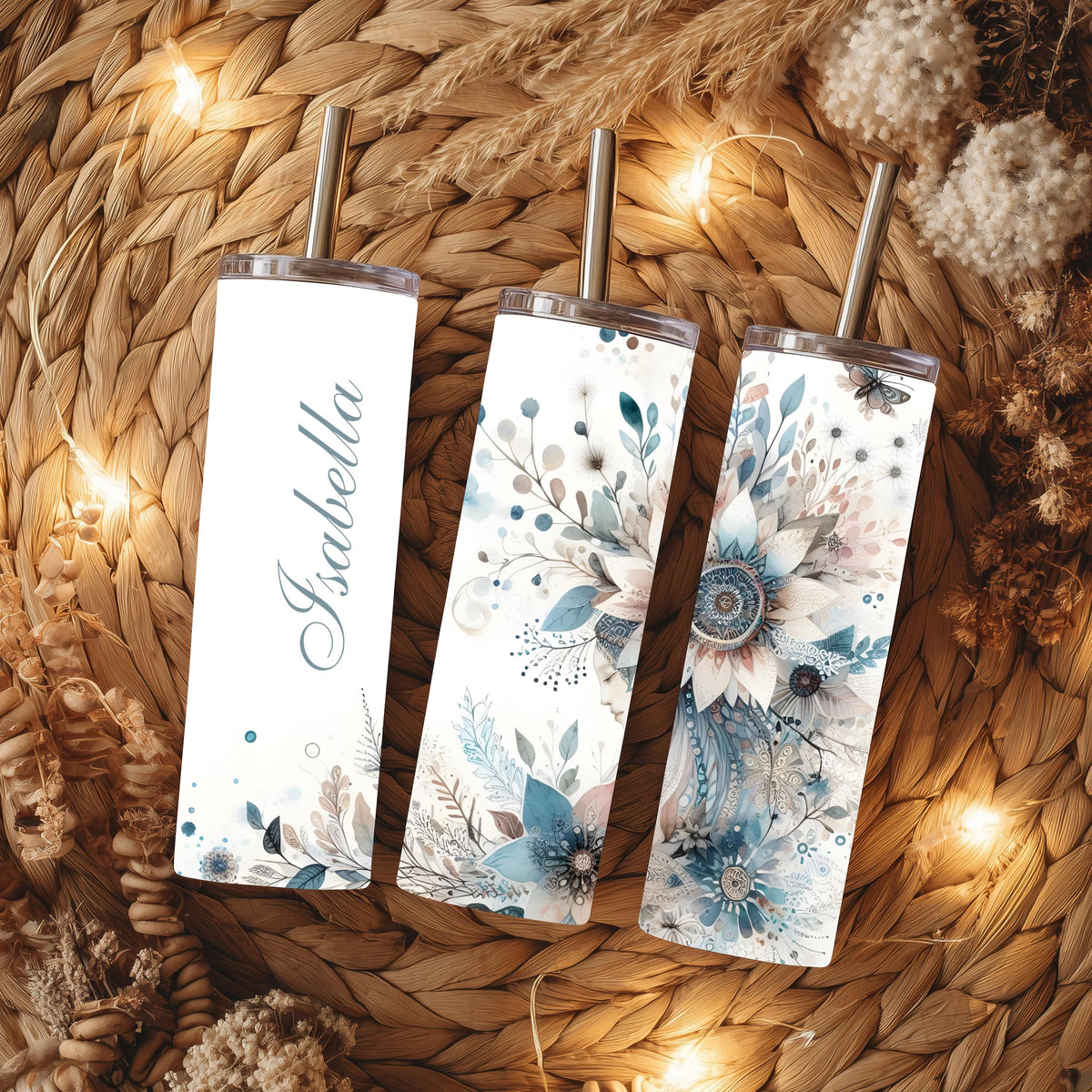 Personalized Boho Mandala Flower Tumbler | Dusty Blue Wedding Gift (20oz)