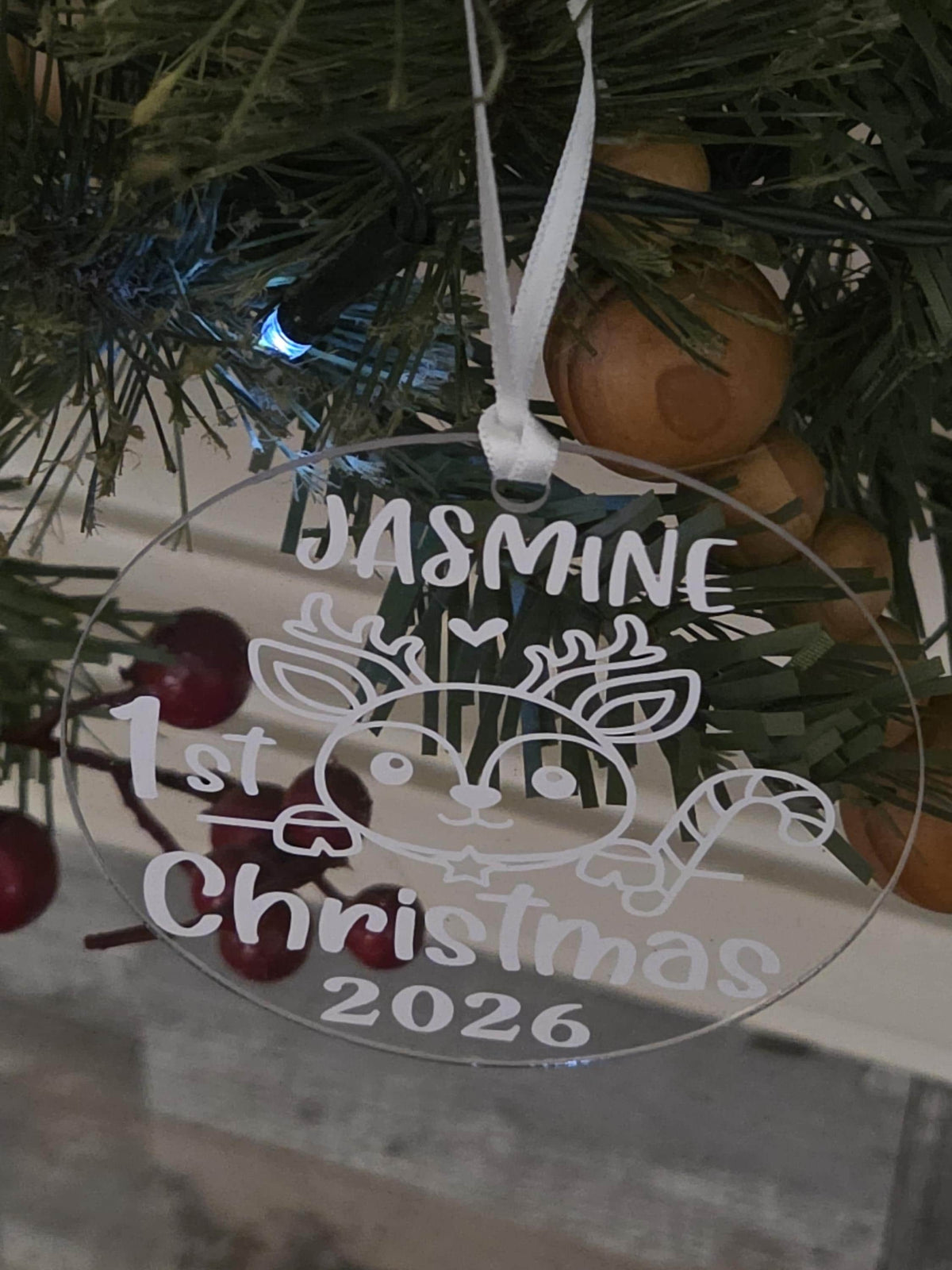Personalized Baby First Christmas Ornament 2026 Custom Name Reindeer Clear Acrylic