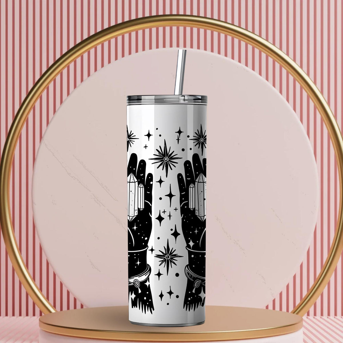 Witchcore Celestial Hands Tumbler | Minimalist Crystal Line Art Travel Mug (20oz)