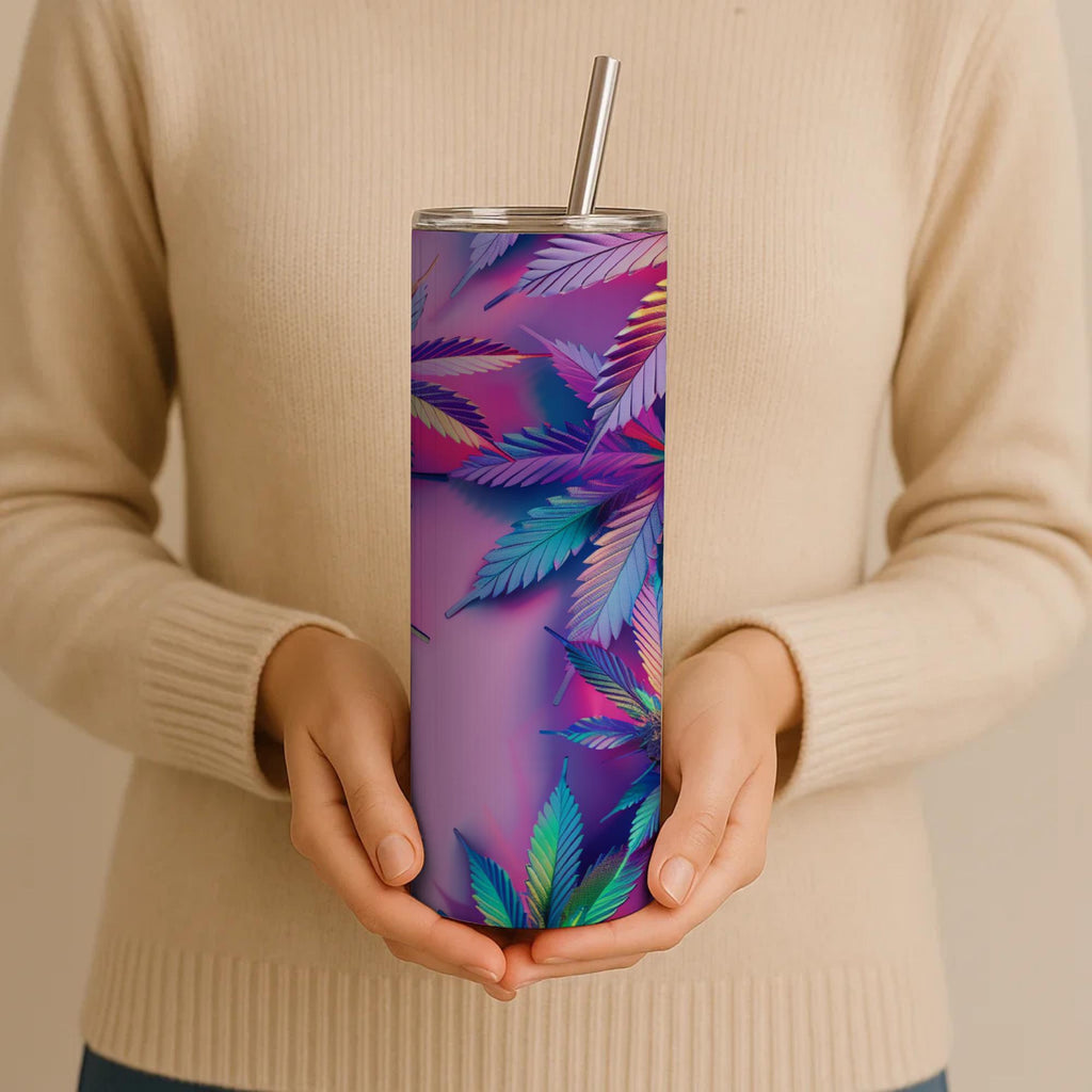 Vibrant Cannabis Leaf 20oz Skinny Tumbler | Ready to Ship Psychedelic Travel Mug | Pink Purple Stoner Insulated Stainless Steel Cup Gift