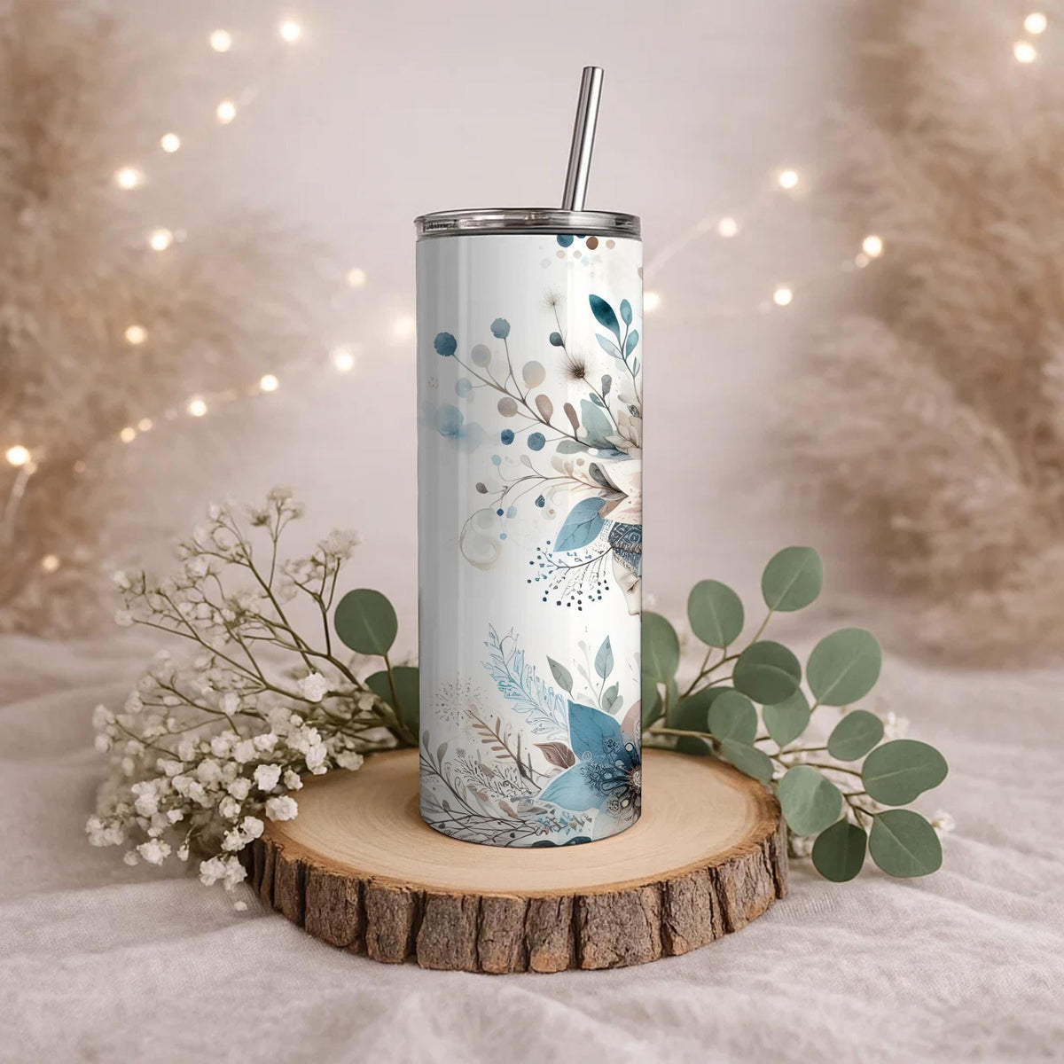 Personalized Boho Mandala Flower Tumbler | Dusty Blue Wedding Gift (20oz)