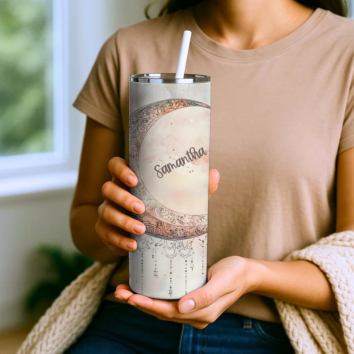 Personalized Celestial Tumbler | Watercolor Moon Dreamcatcher (20oz)