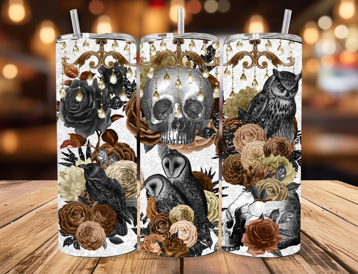 Dark Academia Skull Travel Mug | Gothic Romance Owl, Crow, Roses (20oz Stainless Steel)