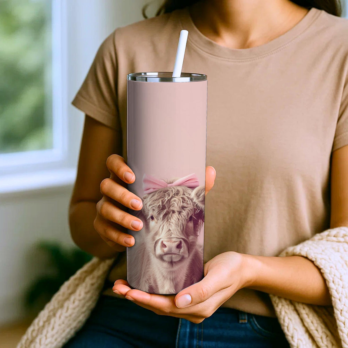 Coquette Highland Cow Skinny Tumbler | Pink Bow Baby Calf Travel Mug (20oz)