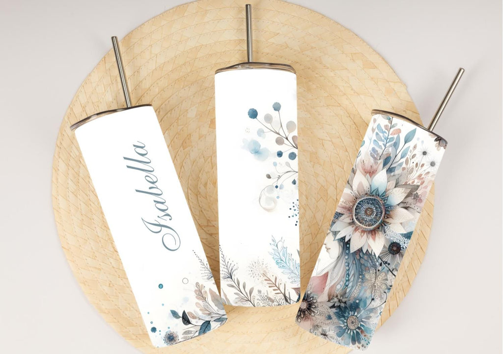 Personalized Boho Mandala Flower Tumbler | Dusty Blue Wedding Gift (20oz)