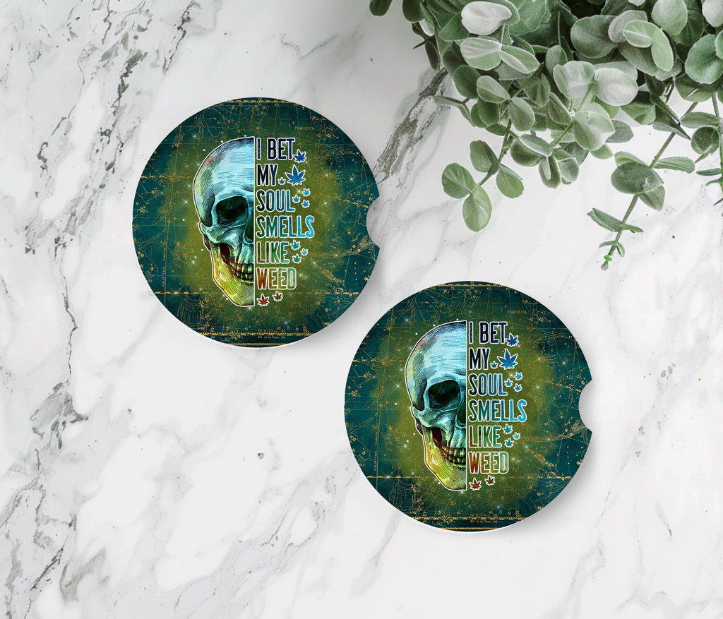 Funny Cannabis Skull Neoprene Car Coasters 2-Pack | Ready to Ship Soul Smells Like Weed Cup Holder Mats | Edgy Stoner Vehicle Accessories Gi