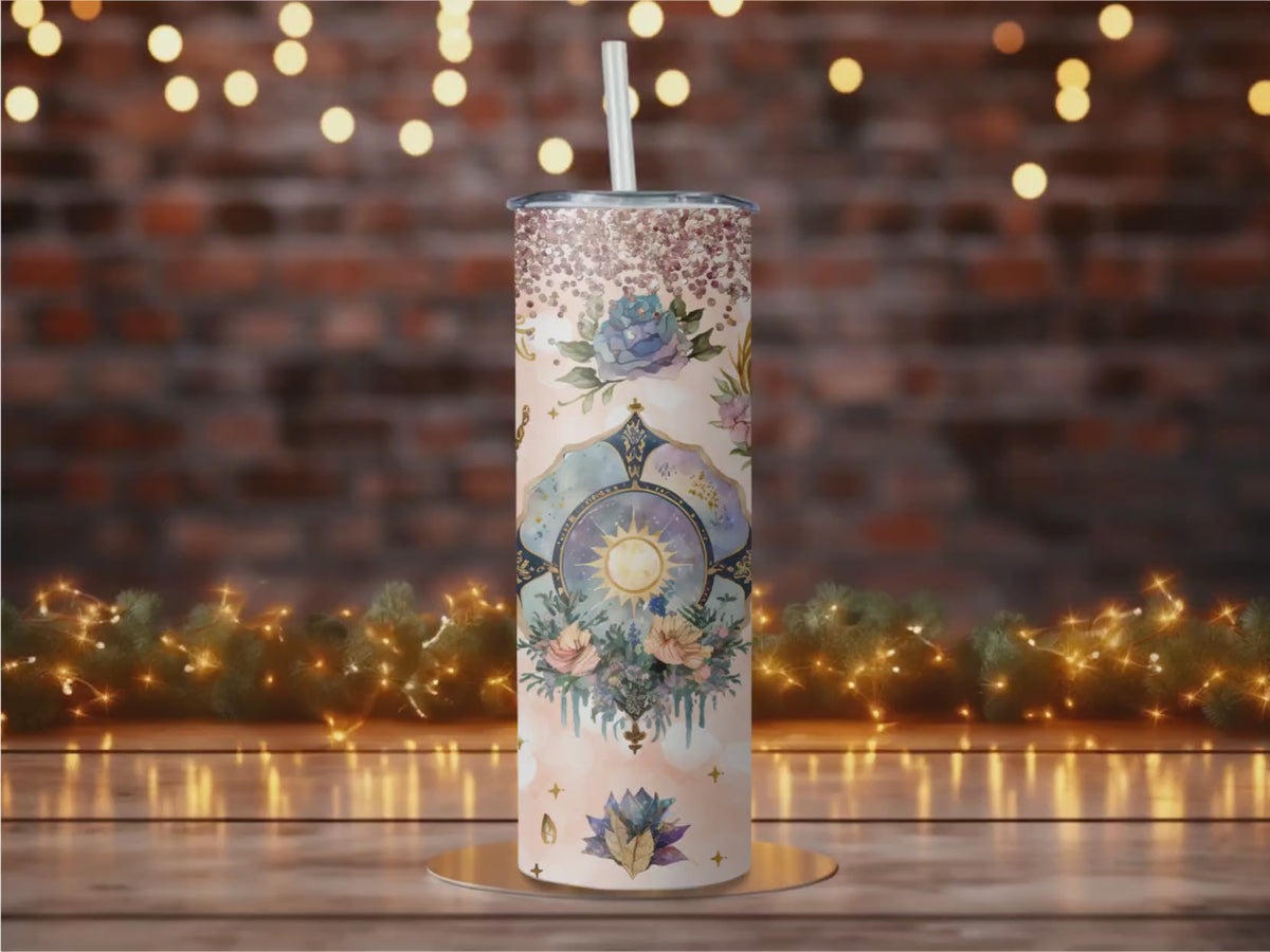 Celestial Sun Moon Mandala Tumbler | Rose Gold Glitter Travel Mug (20oz)