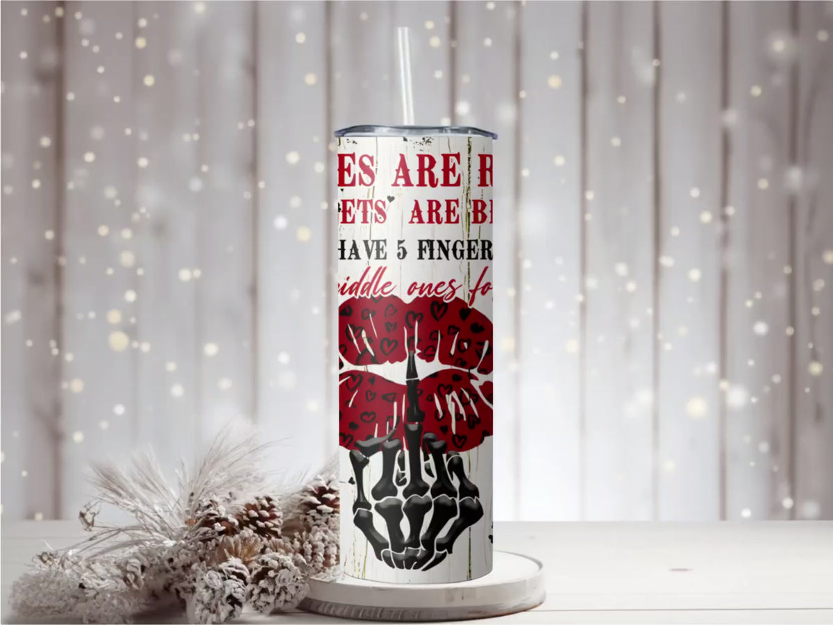 Sarcastic Roses Are Red 20oz Skinny Tumbler | Edgy Skeleton Lips Travel Mug