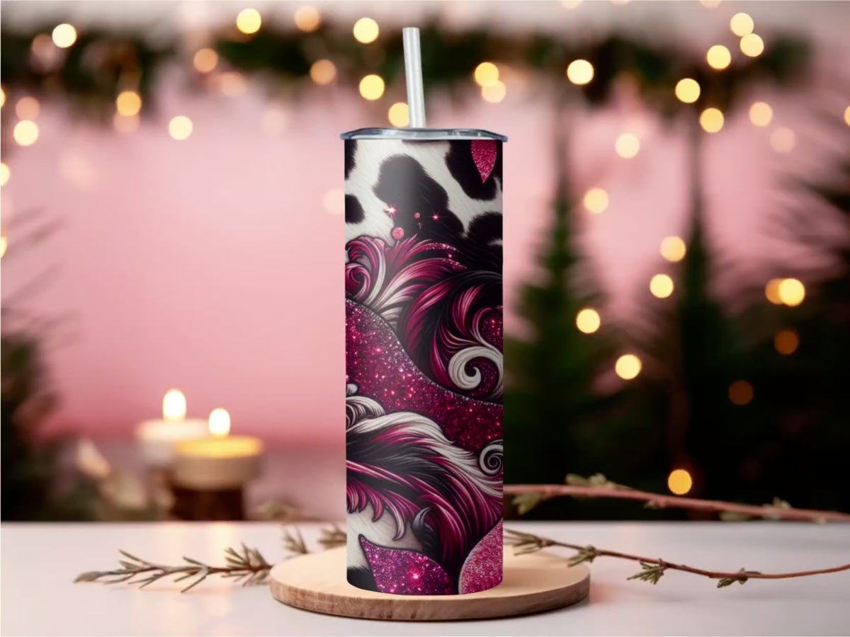 Magenta Glitter Floral Cow Print 20oz Skinny Tumbler