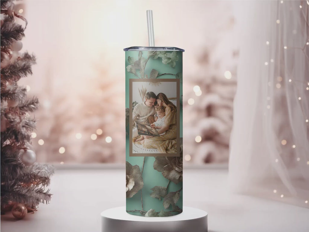 Personalized Photo Custom Vintage Teal & 3D Gold Floral Photo Collage Tumbler