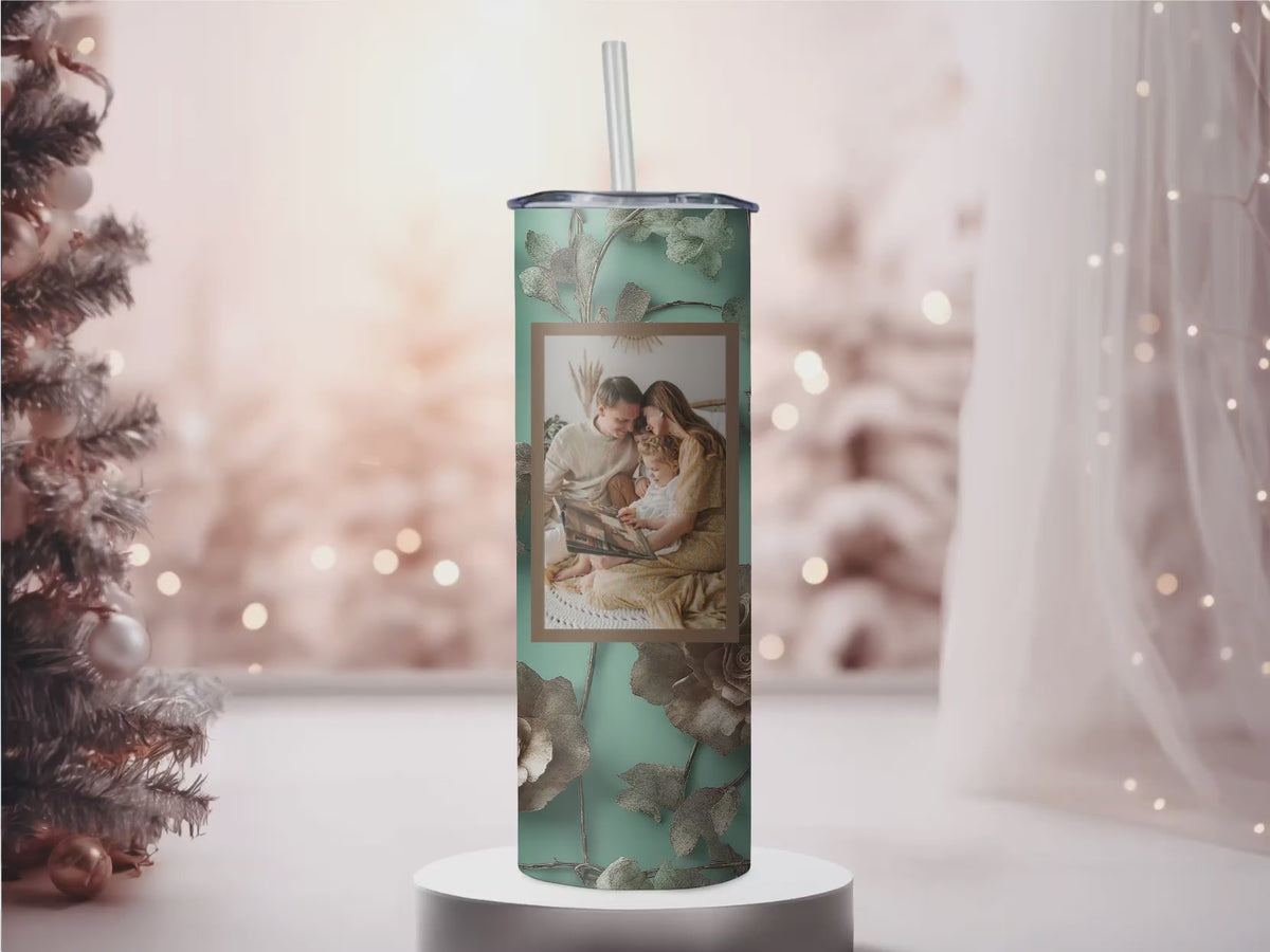 Personalized Photo Custom Vintage Teal & 3D Gold Floral Photo Collage Tumbler