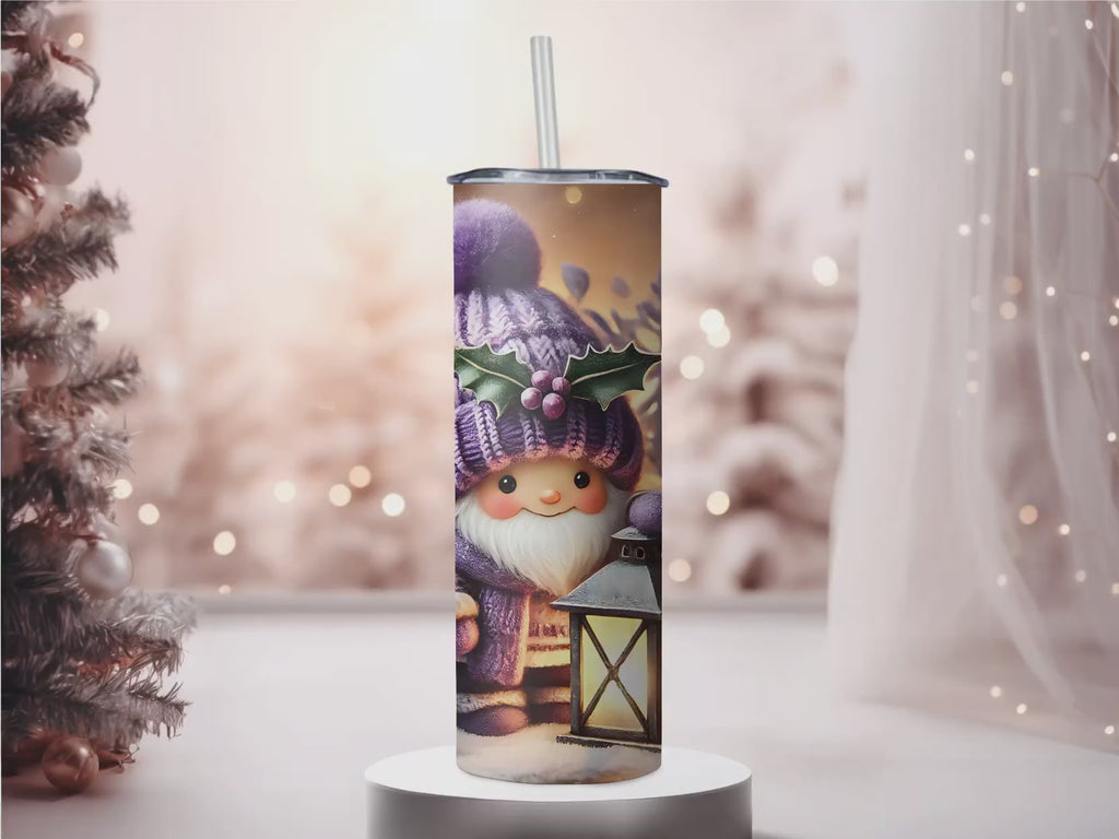 Purple Christmas Gnome 20oz Skinny Tumbler - Winter Lantern Holiday Sublimation Travel Mug