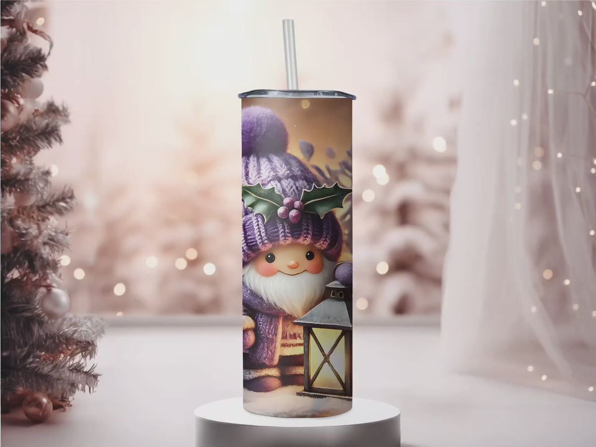 Purple Christmas Gnome 20oz Skinny Tumbler - Winter Lantern Holiday Sublimation Travel Mug