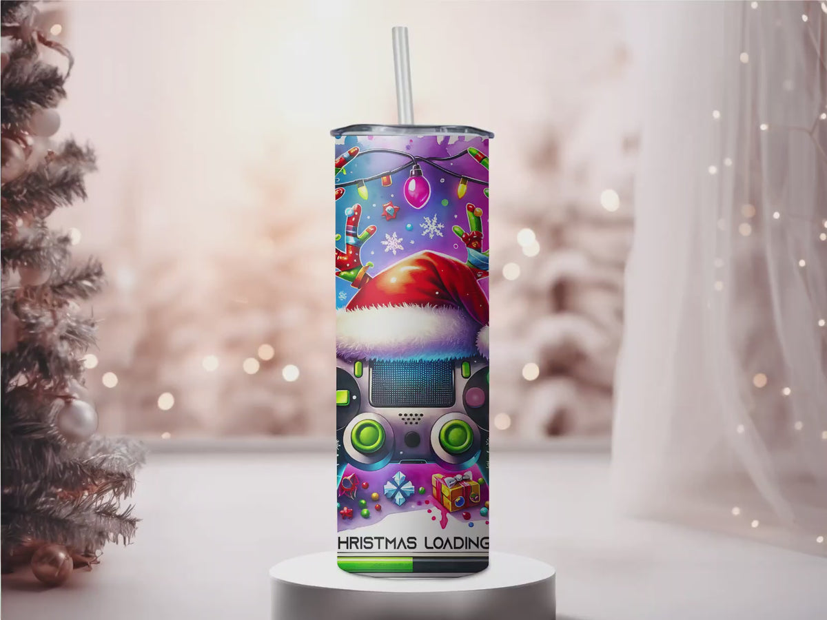 Christmas Loading Gamer 20oz Skinny Tumbler | Holiday Gaming Controller Cup with Straw