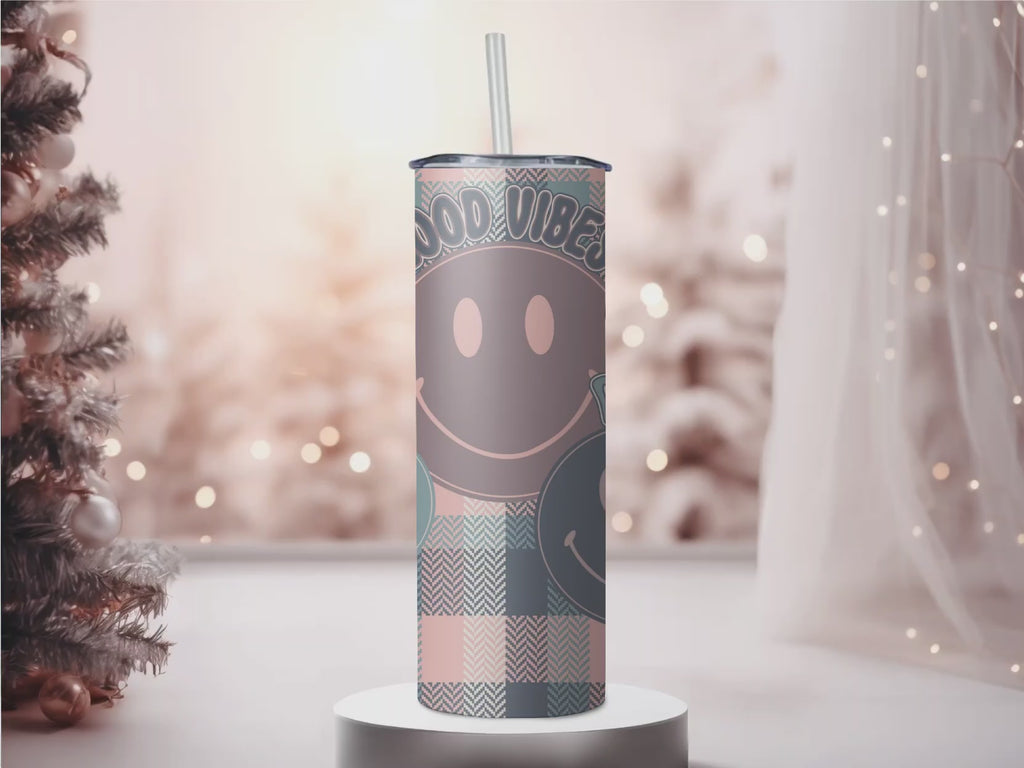 Good Vibes Pastel Plaid Smiley 20oz Skinny Tumbler - Positive Energy Sublimation Travel Mug