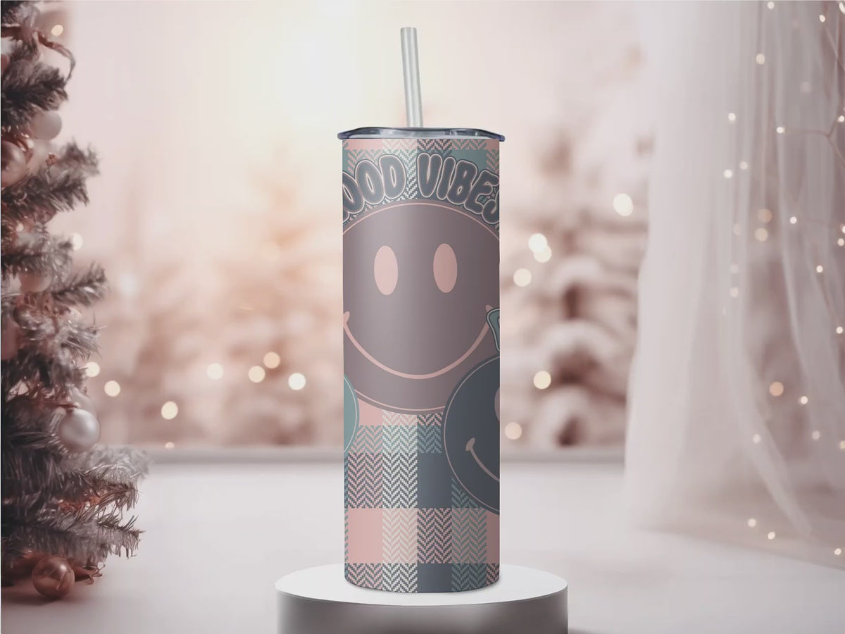 Good Vibes Pastel Plaid Smiley 20oz Skinny Tumbler - Positive Energy Sublimation Travel Mug
