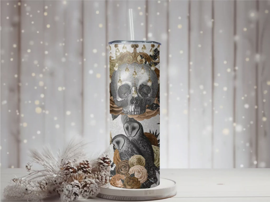 Dark Academia Skull Travel Mug | Gothic Romance Owl, Crow, Roses (20oz Stainless Steel)