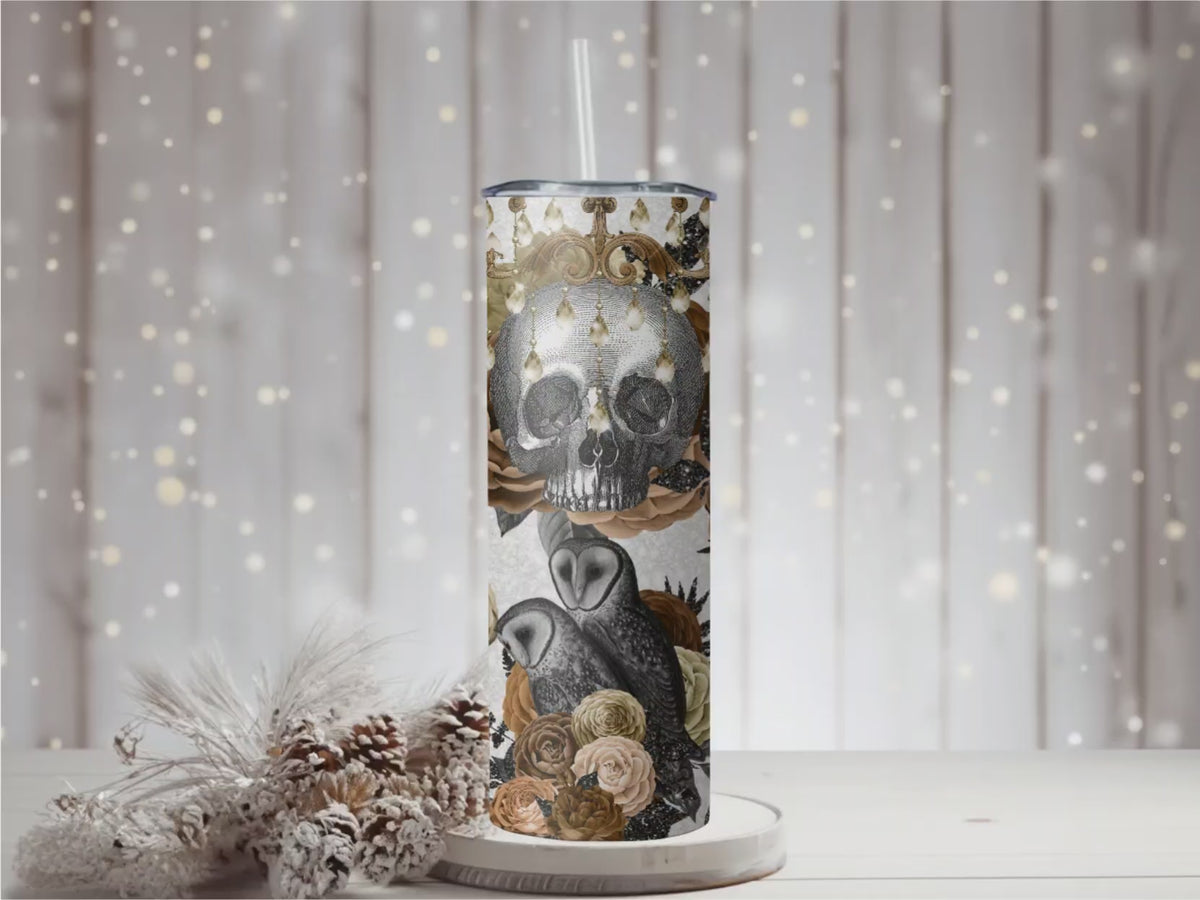 Dark Academia Skull Travel Mug | Gothic Romance Owl, Crow, Roses (20oz Stainless Steel)