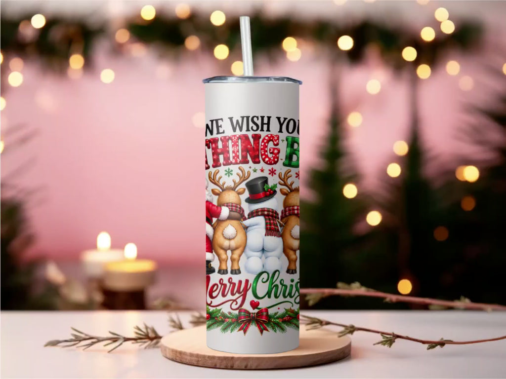 Funny Christmas 20oz Skinny Tumbler Quirky Santa and Reindeer White Elephant Gift